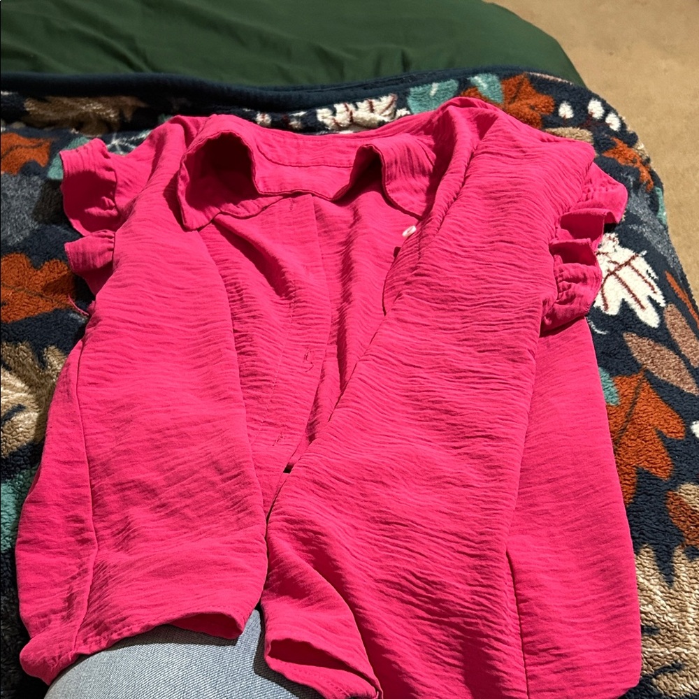 SHEIN Vibrant Pink Ruffle Sleeve Button Down Shirt